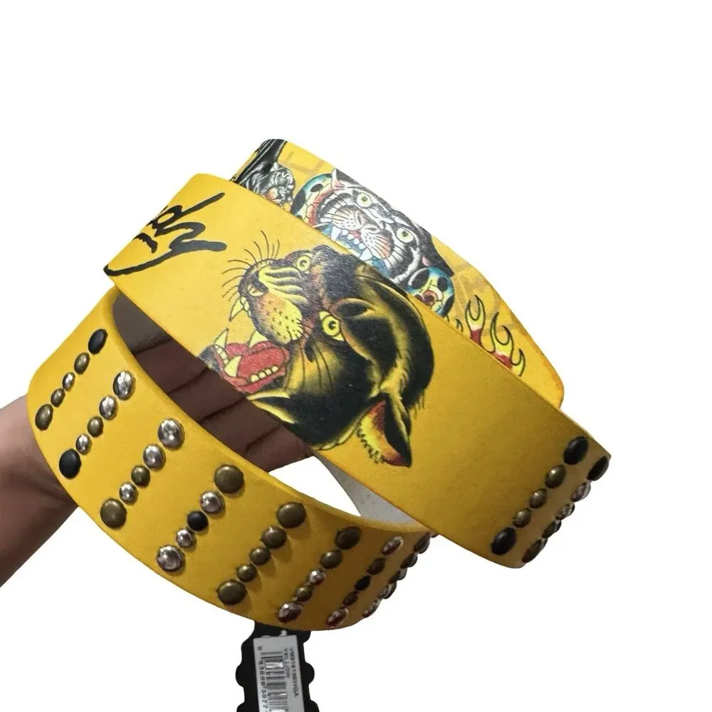 NWT Ed Hardy Yellow Tattoo Belt Studded‎ PU Vegan Leather Size 38 Panther Snake